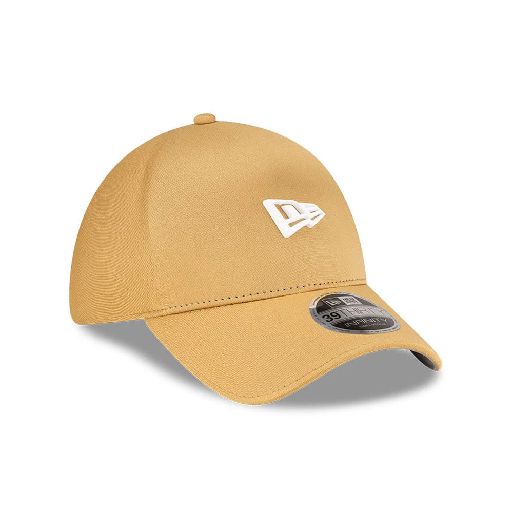 New Era Yellow 39THIRTY Infinity Stretch Fit Cap, three-quarter view showing the raised white New Era flag logo on the front panel, a curved yellow visor with a 39THIRTY size sticker, and a matching yellow top button.