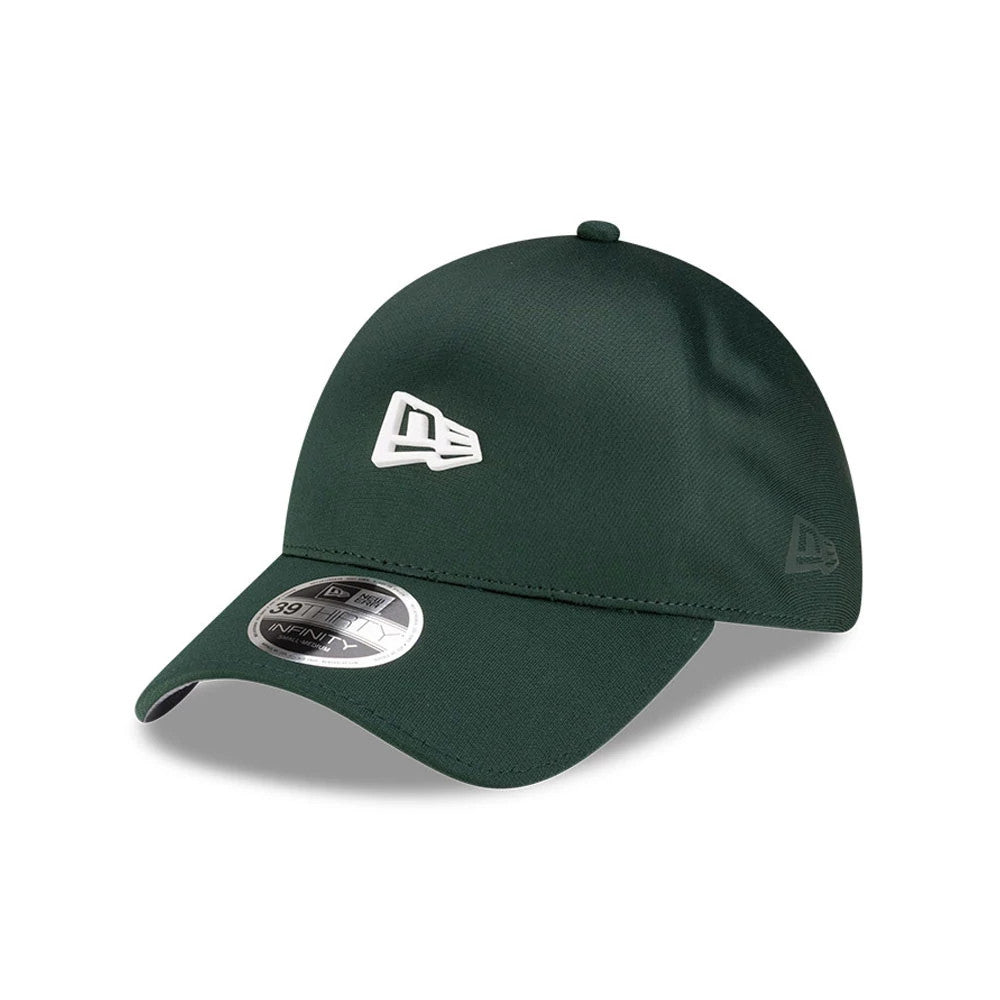 New Era Dark Green 39THIRTY Infinity Stretch Fit Cap, front view showing a raised white New Era flag logo on the front panel, a matching dark green curved visor, and a 39THIRTY size sticker on the top of the visor.