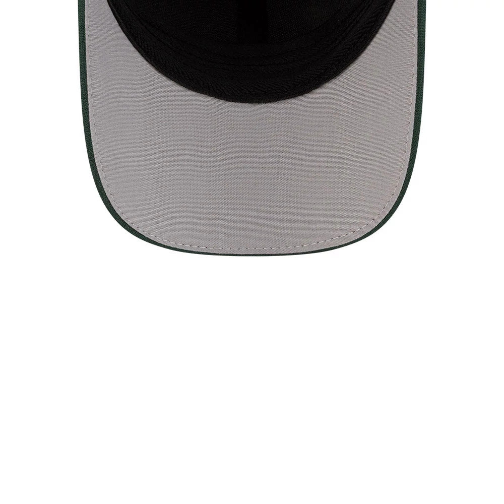 New Era Dark Green 39THIRTY Infinity Stretch Fit Cap, inside view showing the light grey undervisor contrasting with the dark green trim, paired with a black sweatband that lines the interior edge of the crown.