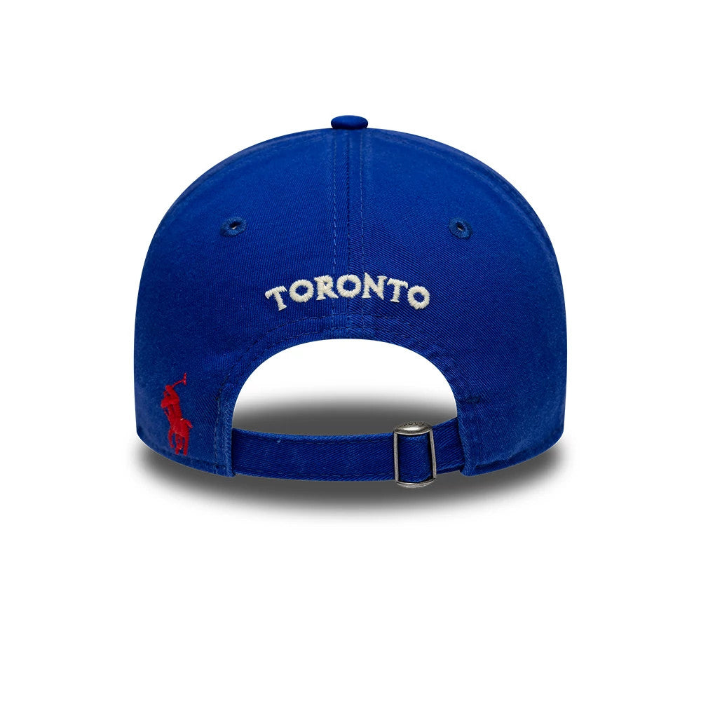 Toronto Blue Jays Ralph Lauren X MLB Navy New Era 9TWENTY Adjustable Cap, rear view showing white embroidered Toronto lettering on the navy crown, with a red Ralph Lauren Polo logo on the left side and a buckle closure at the back.