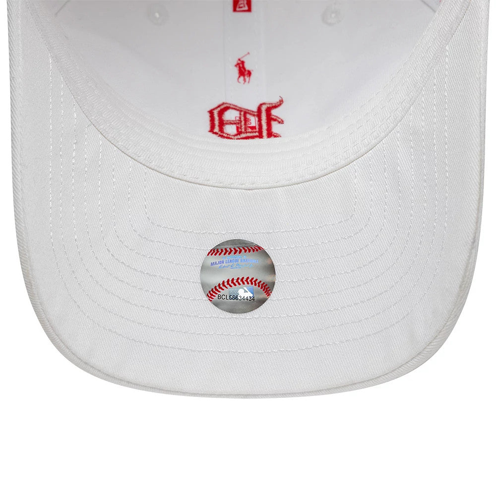 Philadelphia Phillies Ralph Lauren X MLB White New Era 9TWENTY Adjustable Cap, inside view showing a red embroidered Polo logo on the white sweatband, baseball-themed sticker on the white undervisor, and white taping along the seams.