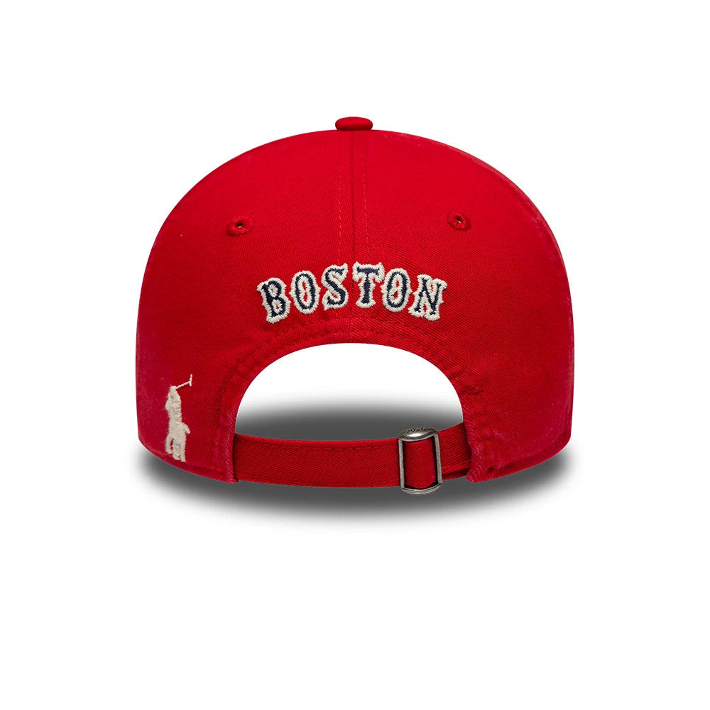Boston Red Sox Ralph Lauren X MLB Red New Era 9TWENTY Adjustable Cap, rear view showing the white embroidered Boston lettering across the back panels, a white Ralph Lauren logo on the left side, and a buckle closure on the strap.