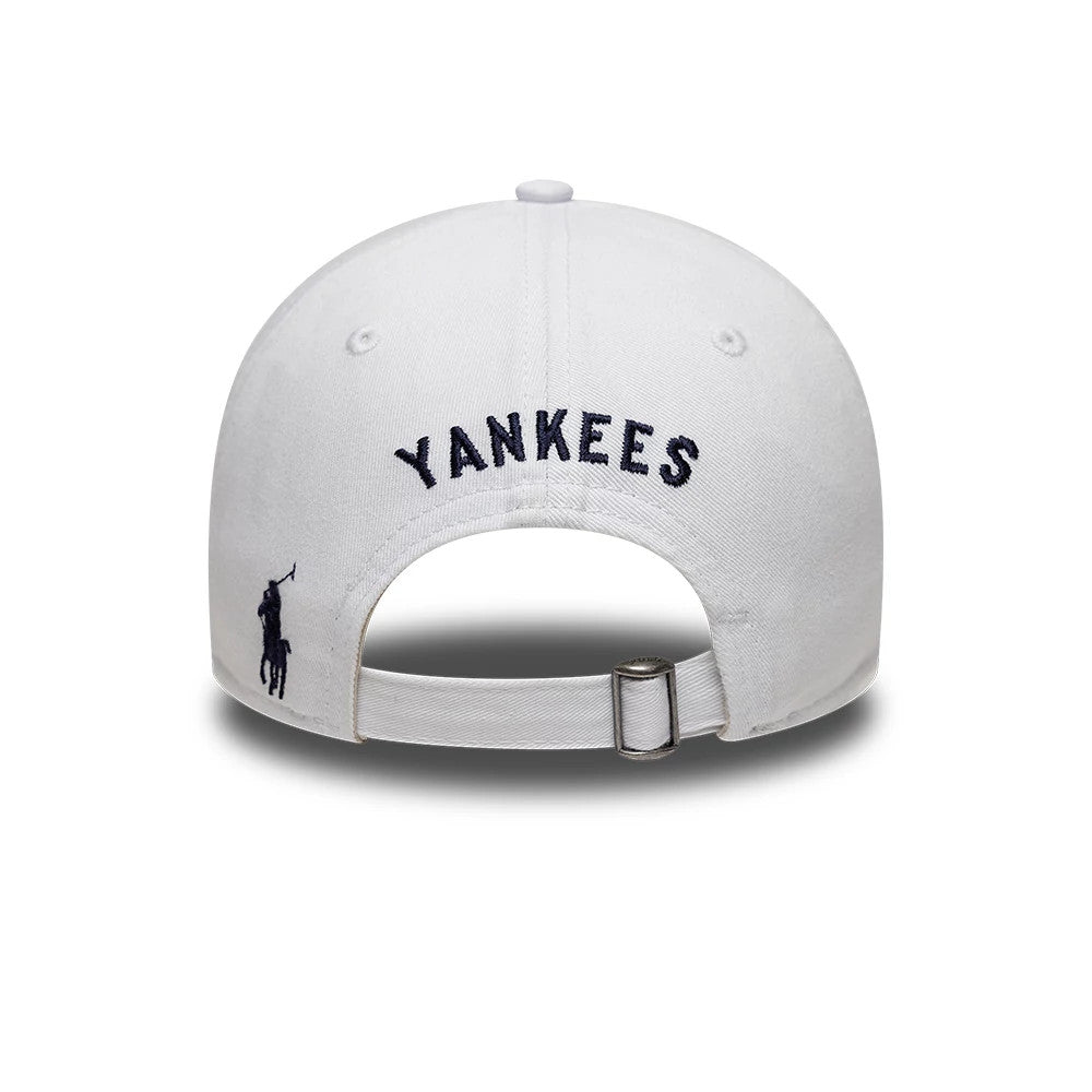 New York Yankees Ralph Lauren X MLB White New Era 9TWENTY Adjustable Cap, rear view showing the navy blue embroidered Yankees lettering across the back, a small Ralph Lauren Polo logo on the lower left side, and an adjustable strap with a buckle.