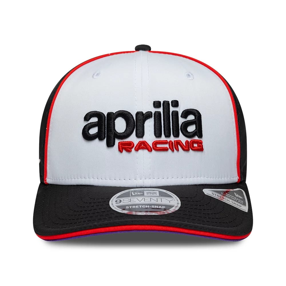 Pictured is this Aprilia Team 9SEVENTY Stretch Snap cap in white. 4