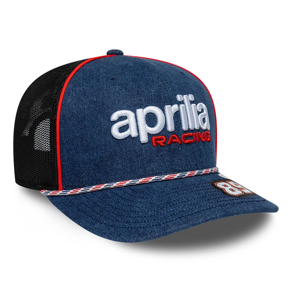 Aprilia Replica Jorge Martin Austin Race Special Blue New Era 9SEVENTY Stretch Snap Adjustable Cap, three-quarter view showing white and red embroidered Aprilia Racing logo on the front panel, black mesh sides.