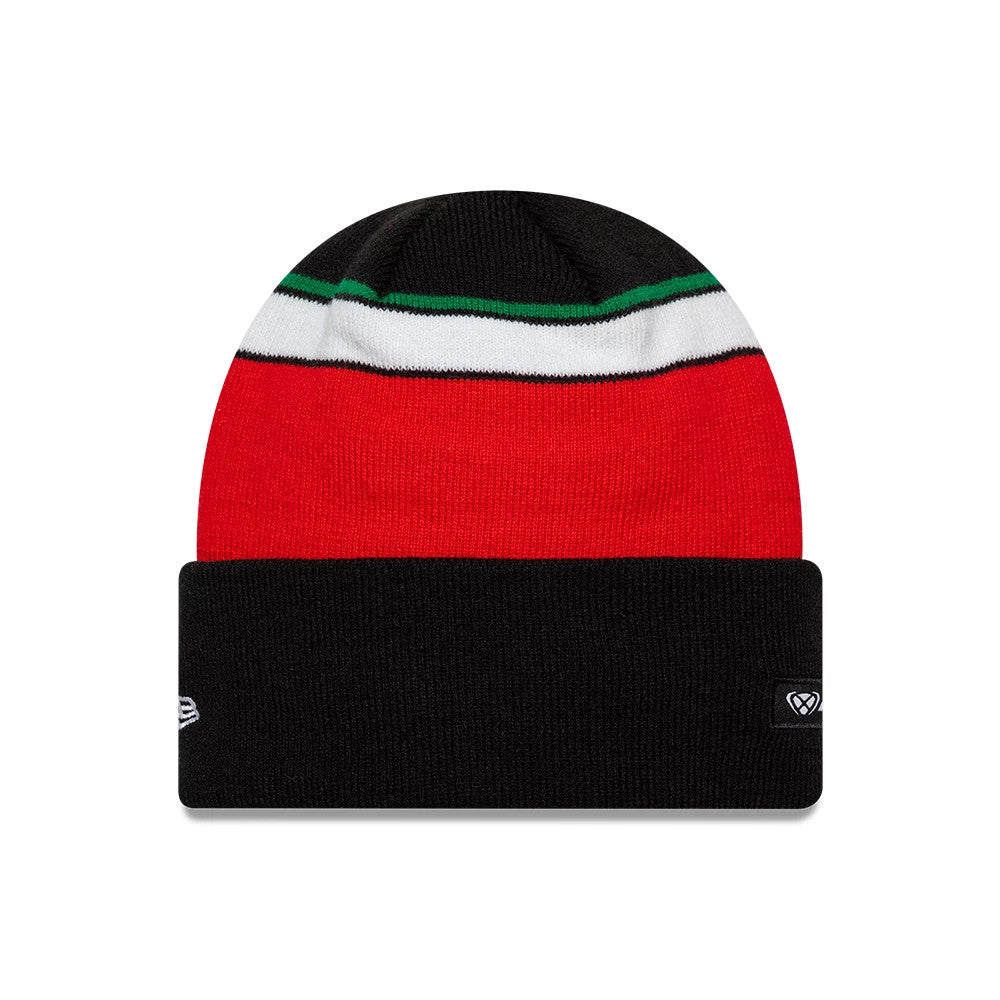Pictured is this Aprilia Team Cuff Knit Beanie hat in black. 2