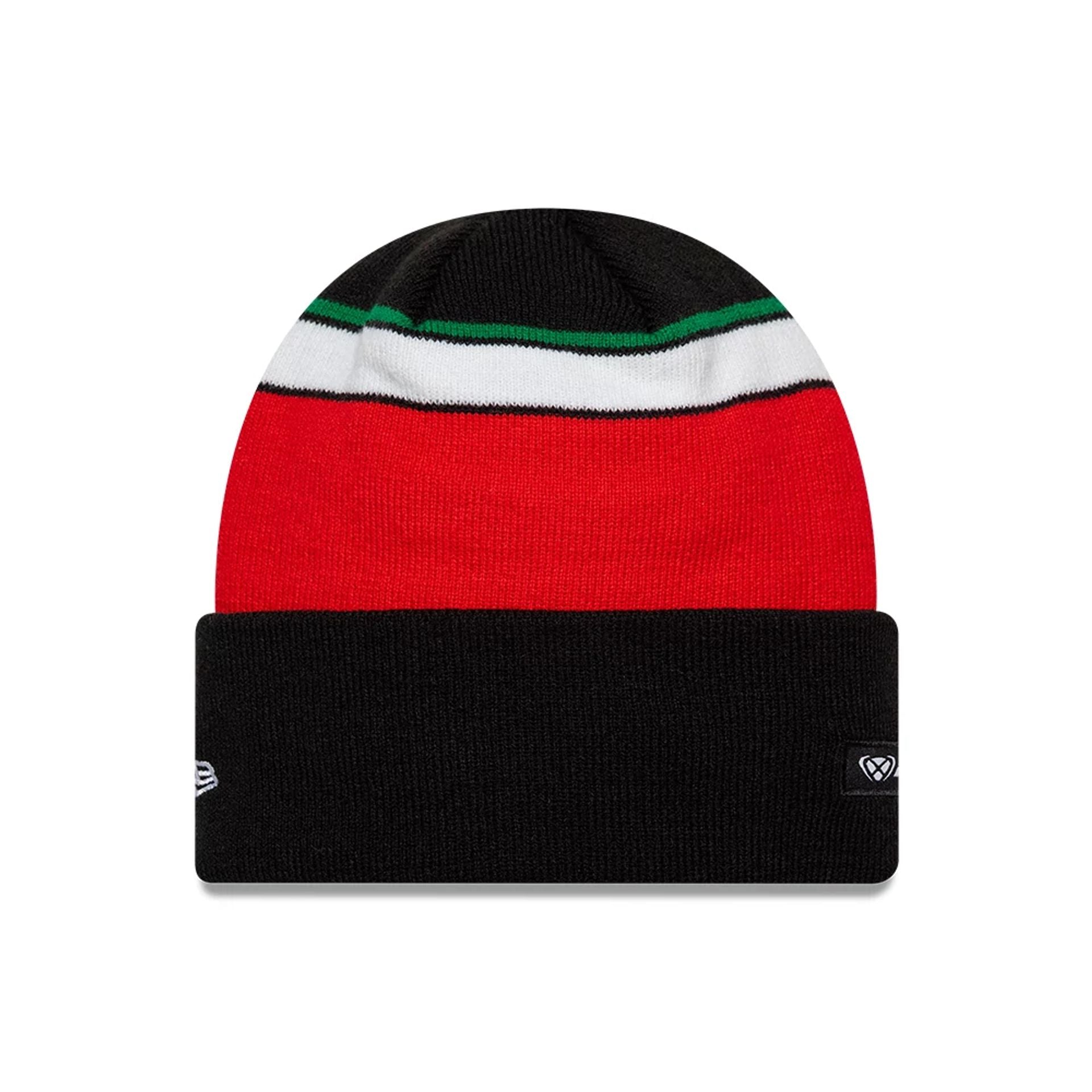 Pictured is this Aprilia Team Cuff Knit Beanie hat in black. 2