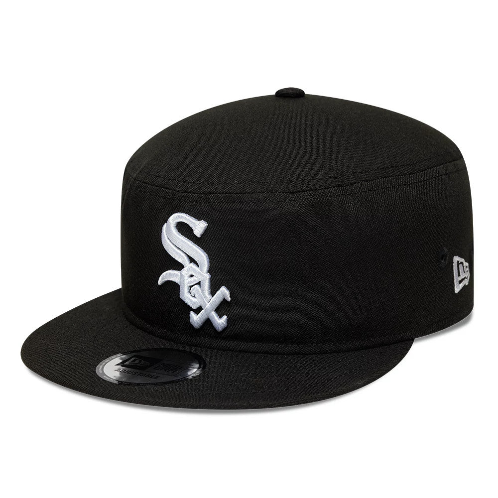 New Era Chicago White Sox MLB Poly Black Pillbox Adjustable Cap, three-quarter view with white embroidered Sox logo on the front panel, black flat visor with an adjustable strap, and New Era flag logo on the left side.