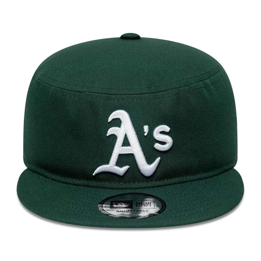 New Era Athletics MLB Poly Dark Green Pillbox Adjustable Cap, front view showing a white embroidered A's logo dominating the front panel, a structured dark green crown, and a flat green visor with an adjustable size sticker on top.