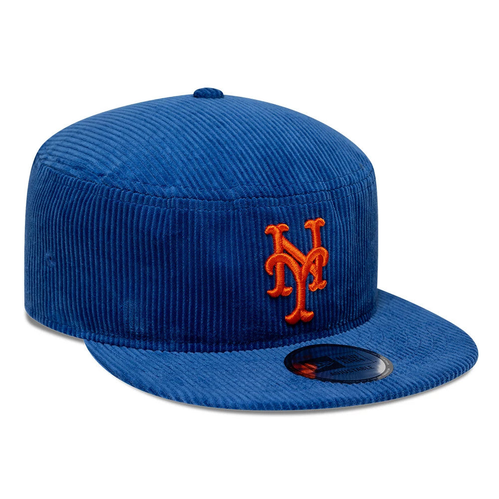 New Era New York Mets MLB Cord Blue Pillbox Adjustable Cap, front view showing the orange embroidered NY logo on the centre of the blue ribbed corduroy crown, with a flat visor and black size sticker on the visor.