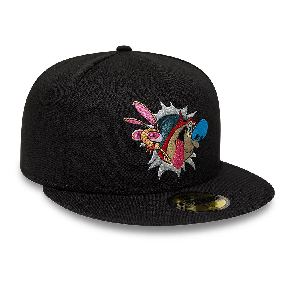 Ren & Stimpy Character Graphic Black New Era 59FIFTY Fitted Cap, front view showing the colourful embroidered character graphic on the front panel, black flat visor, and a gold 59FIFTY size sticker on the top of the visor.