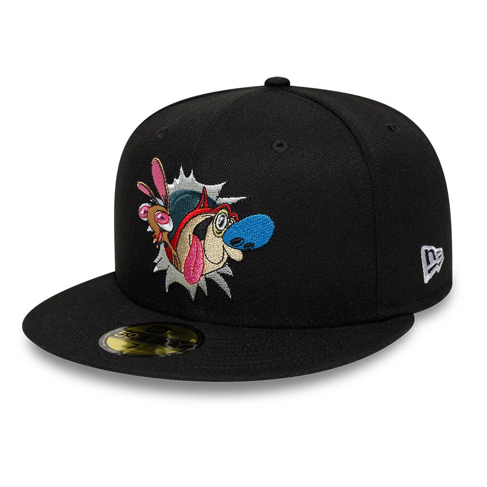 Ren & Stimpy Character Graphic Black New Era 59FIFTY Fitted Cap, front view showing the raised multicoloured embroidered Ren & Stimpy graphic on the front panel, black visor with a gold 59FIFTY size sticker.