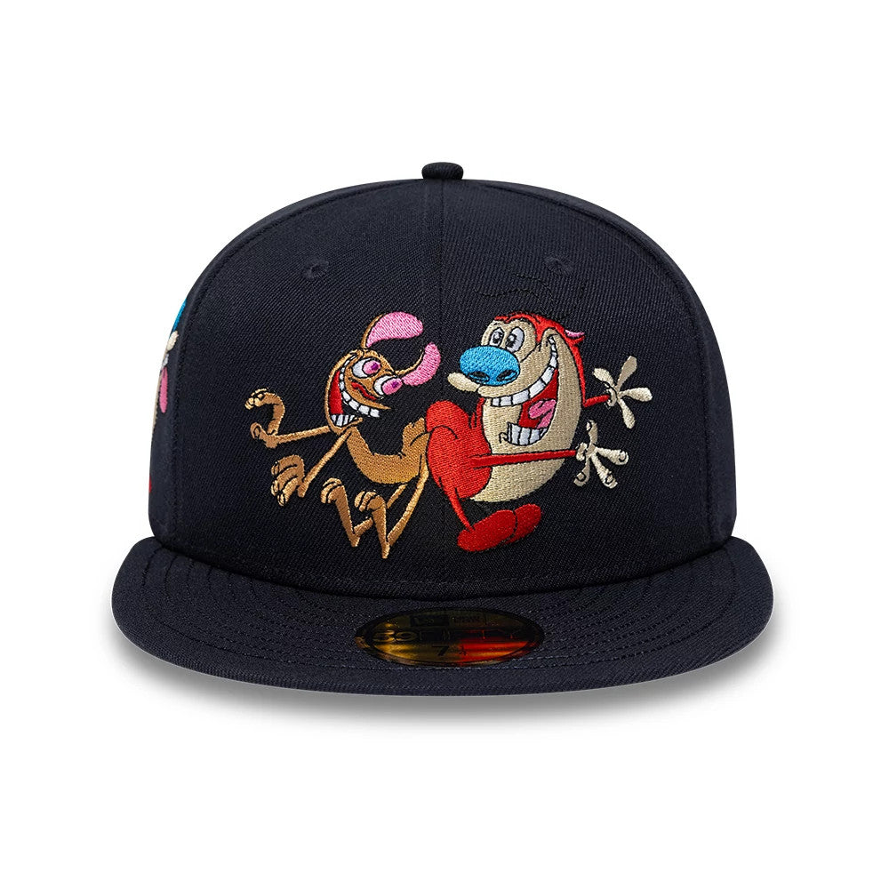 Ren & Stimpy Happy Happy Joy Joy Navy New Era 59FIFTY Fitted Cap, front view showing embroidered Ren and Stimpy characters on the navy crown, with a flat visor and a gold 59FIFTY size sticker displayed.