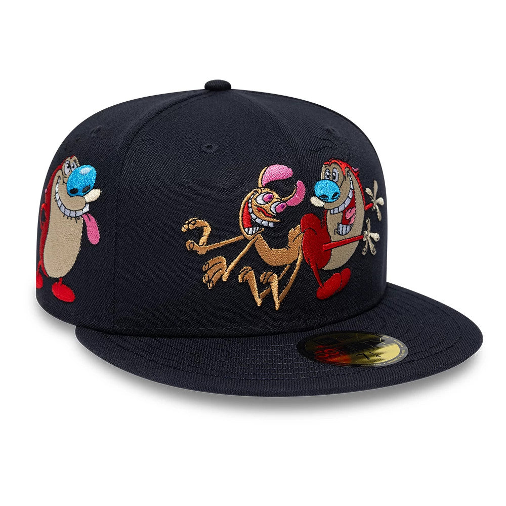 Ren & Stimpy Happy Happy Joy Joy Navy New Era 59FIFTY Fitted Cap, front view showing colourful embroidered Ren and Stimpy characters on the navy front panels, with a flat visor and a gold 59FIFTY size sticker.