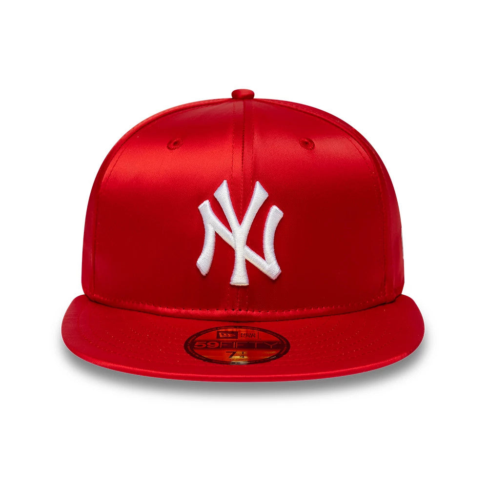 New York Yankees MLB Satin Red New Era 59FIFTY Fitted Cap, front view showing white raised embroidery NY logo on glossy red structured crown with matching visor, complete with a 59FIFTY size sticker centrally placed on the red visor.