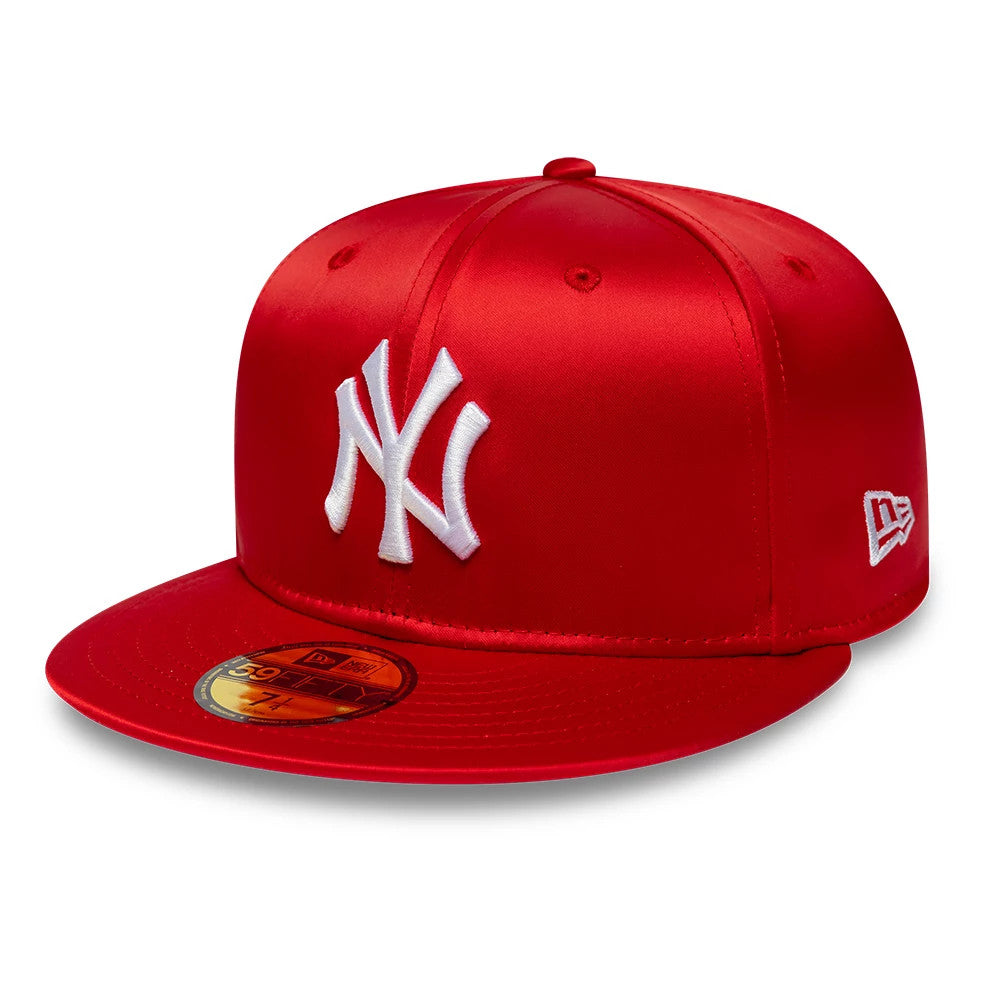 New York Yankees MLB Satin Red New Era 59FIFTY Fitted Cap, front view showing the white raised embroidered NY logo on a red satin finish crown, with a red flat visor and a gold 59FIFTY size sticker on top.