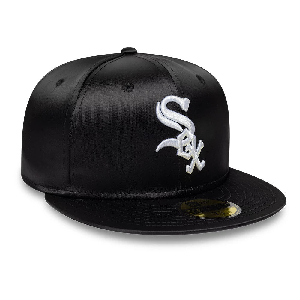Chicago White Sox MLB Satin Black New Era 59FIFTY Fitted Cap, front view showing the white raised embroidered Sox logo on the structured satin black crown, with a flat black visor and gold 59FIFTY size sticker on the visor.