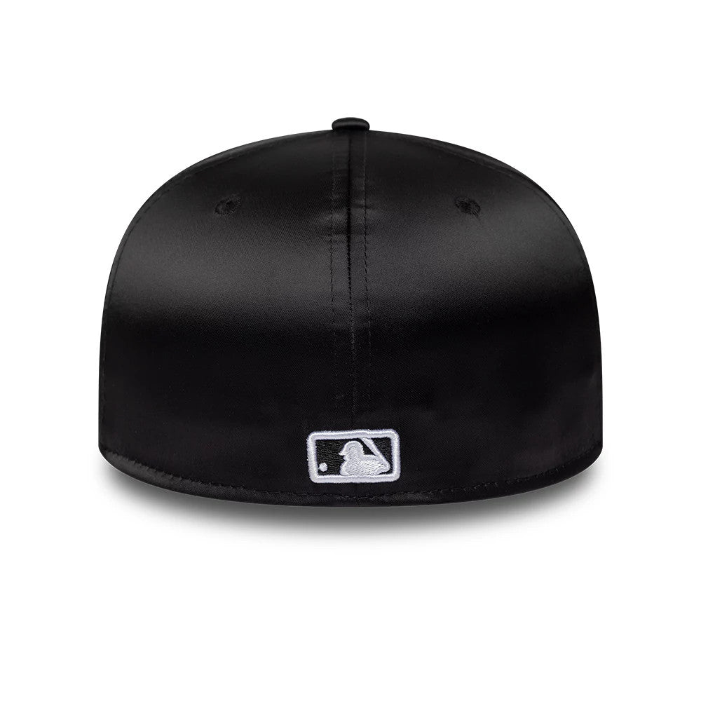 Chicago White Sox MLB Satin Black New Era 59FIFTY Fitted Cap, rear view showing the white embroidered MLB Batterman logo at the centre of the back panels, with a satin finish on the structured black crown.