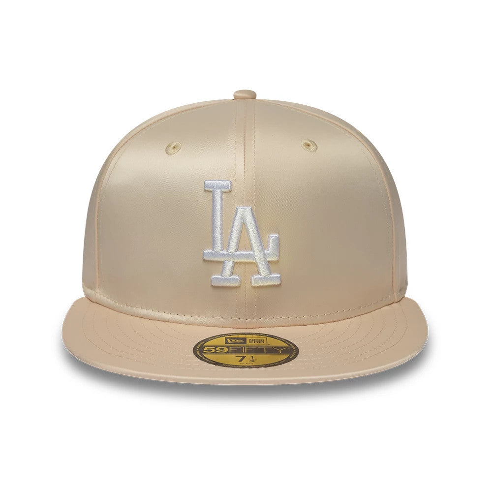 Pictured is this MLB Satin LA Dodgers 59FIFTY Fitted cap in cream. 2