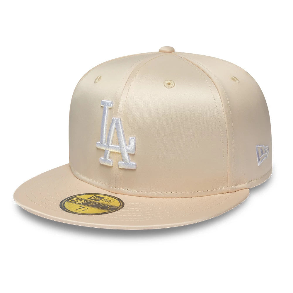 Pictured is this MLB Satin LA Dodgers 59FIFTY Fitted cap in cream. 1