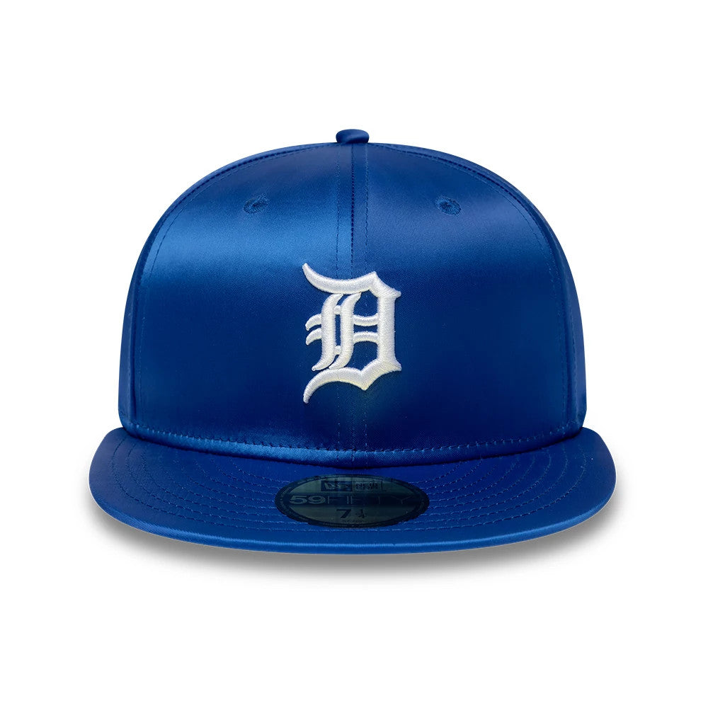 Detroit Tigers MLB Satin Blue New Era 59FIFTY Fitted Cap, front view showing the white embroidered Old English D logo on the blue satin structured crown, with matching blue flat visor and black 59FIFTY size sticker on top.