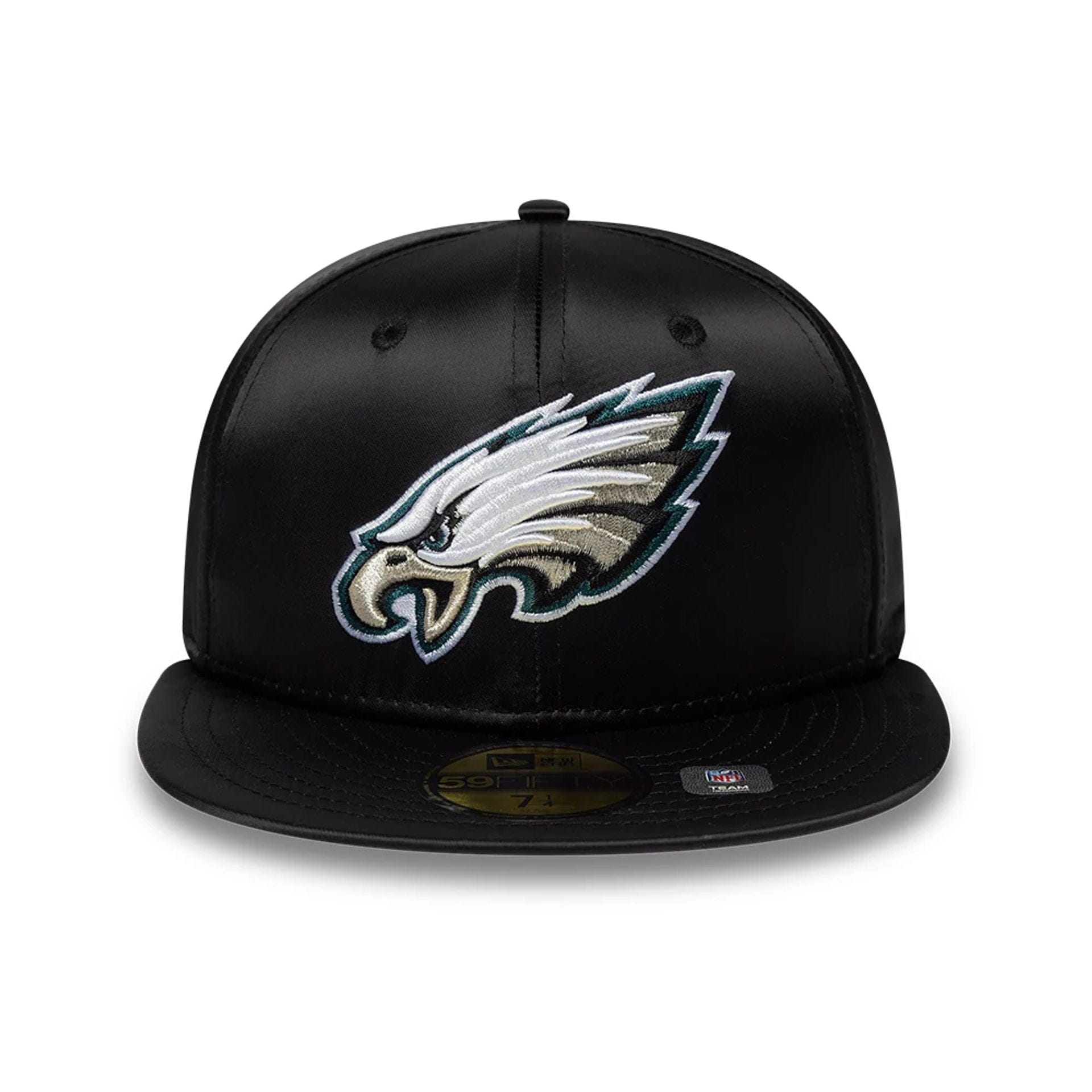 Pictured is this NFL Satin Philadelphia Eagles 59FIFTY Fitted cap in black. 2