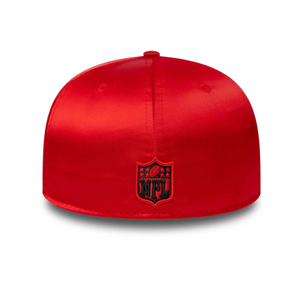 Kansas City Chiefs NFL Satin Red New Era 59FIFTY Fitted Cap, rear view showing the black embroidered NFL logo centred on the back panels, with a glossy satin finish enhancing the red structured crown.