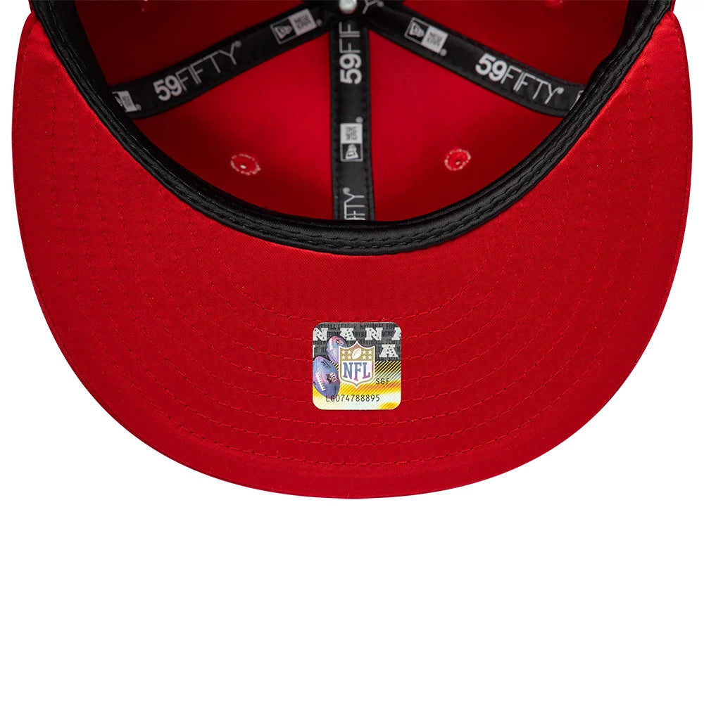 Kansas City Chiefs NFL Satin Red New Era 59FIFTY Fitted Cap, inside view showing the black taping with 59FIFTY branding, a black sweatband, and a red undervisor with an NFL holographic sticker at the centre.