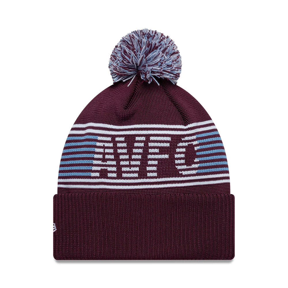 New Era Aston Villa FC Dark Red Bobble Knit Beanie Hat, front view showing a knitted bobble in mixed dark red and light blue, AVFC lettering over white and blue horizontal stripes across the crown, and a dark red fold-over cuff.