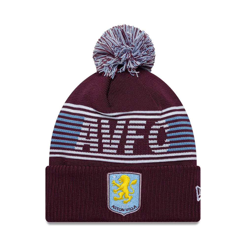 New Era Aston Villa FC Dark Red Bobble Knit Beanie Hat, front view showing an embroidered Aston Villa crest on the fold-over cuff, a multicoloured pom on top, and AVFC lettering woven in white and blue on the crown.