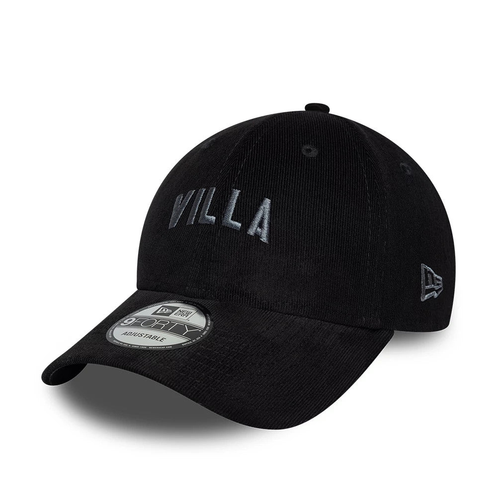 Aston Villa FC Cord Black New Era 9FORTY Adjustable Cap, three-quarter view showing raised silver Villa embroidery on the front panel, with a curved visor featuring a 9FORTY size sticker, and the New Era flag logo on the left side.
