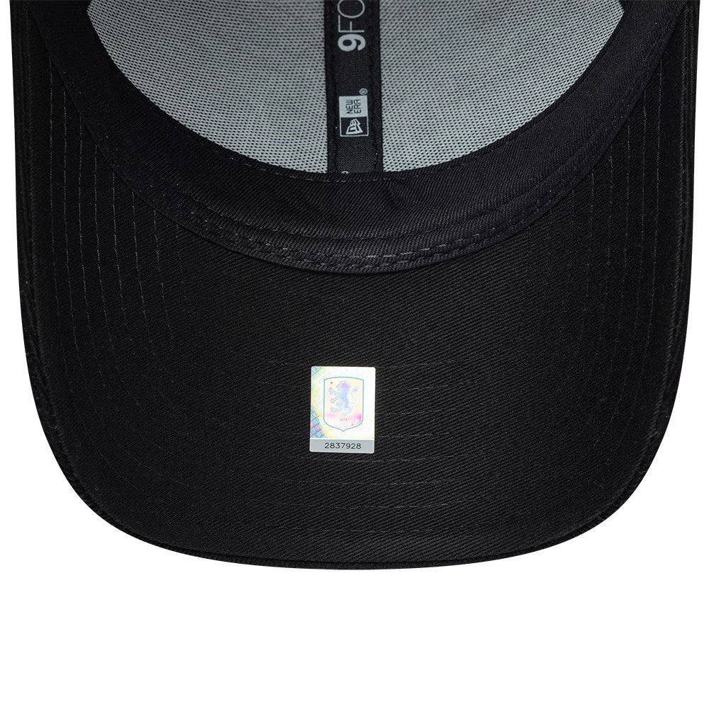 Aston Villa FC Cord Black New Era 9FORTY Adjustable Cap, inside view showing the grey taping with a New Era logo, a black undervisor, and a small holographic sticker attached to the centre of the visor.