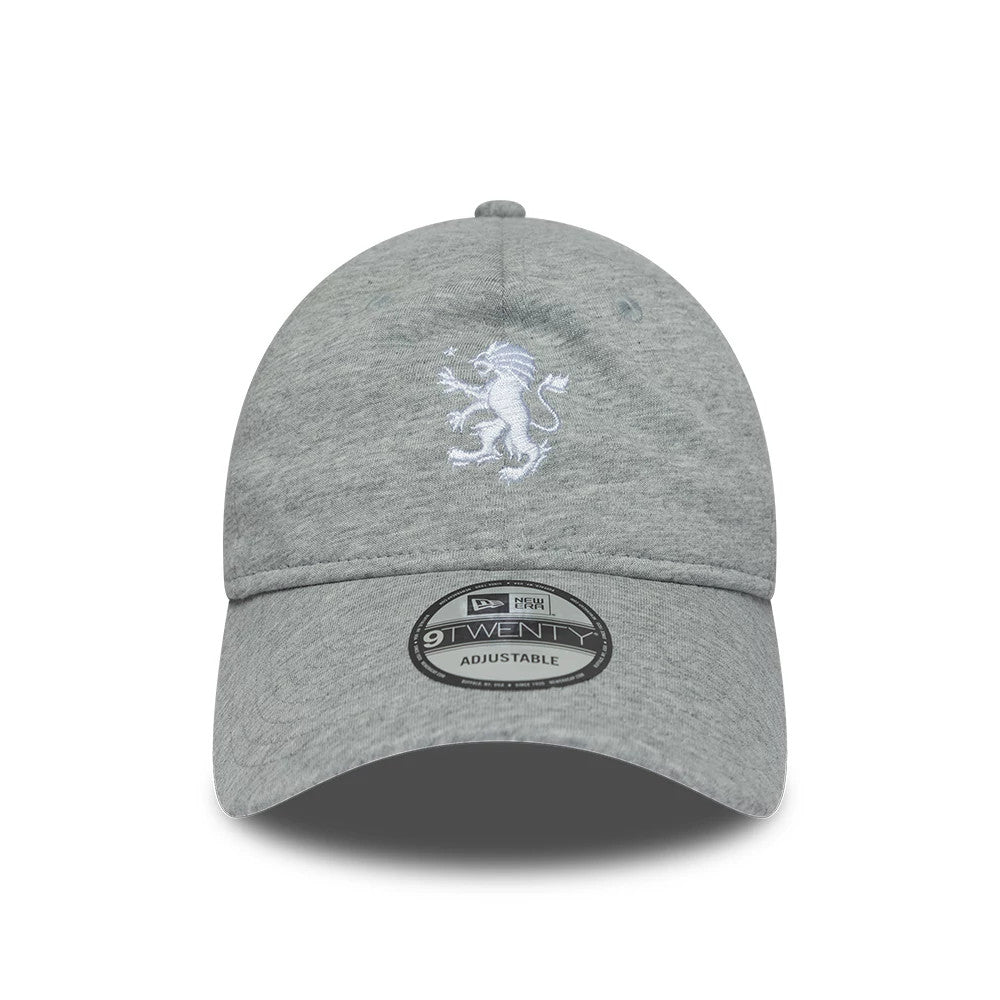 Aston Villa FC Jersey Grey New Era 9TWENTY Adjustable Cap, front view showing a white embroidered lion crest on the front panel, a curved grey visor, and the 9TWENTY size sticker on the top of the visor.