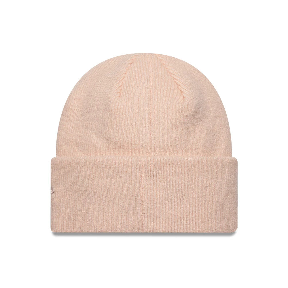 New Era Mohair Pastel Pink Wide Cuff Knit Beanie Hat, front view showing a soft textured surface with a wide fold-over cuff, delicately curved crown with ribbed stitching, and a embroidered New Era flag logo on the left side.