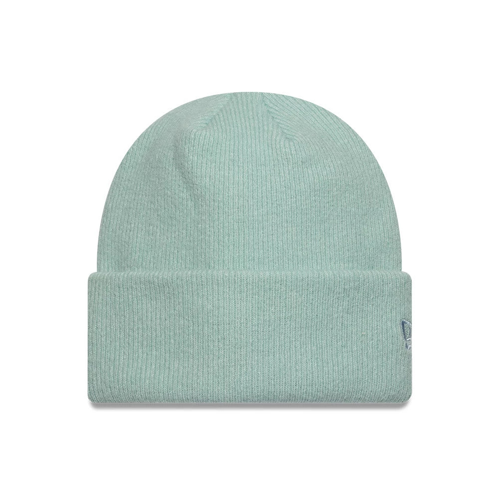 New Era Mohair Pastel Blue Wide Cuff Knit Beanie Hat, front view showing the soft pastel blue ribbed knit fabric with a wide cuff, featuring a New Era flag logo embroidered on the left side of the cuff.