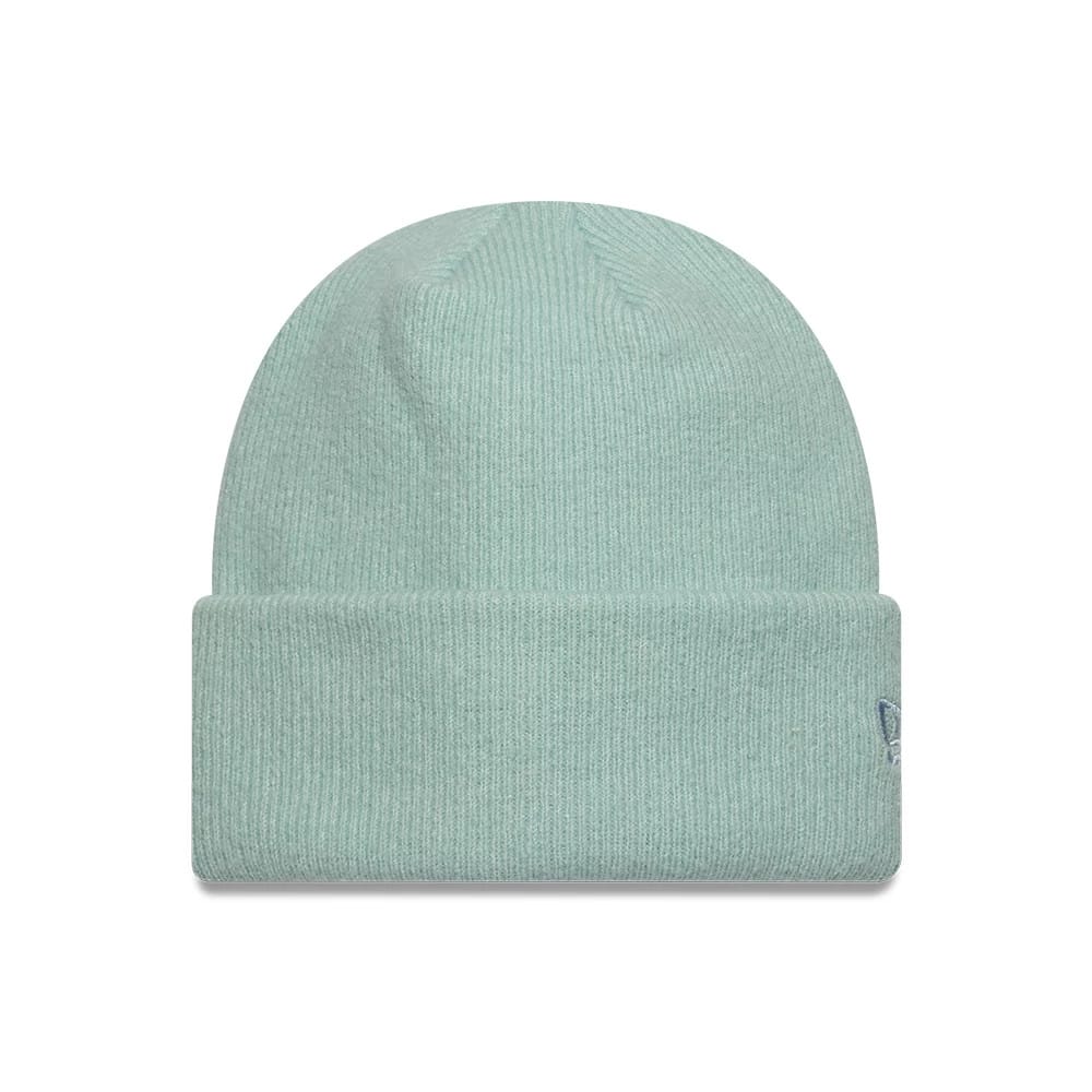 Pictured is this New Era Mohair Wide Cuff Knit Beanie hat in pastel blue. 1