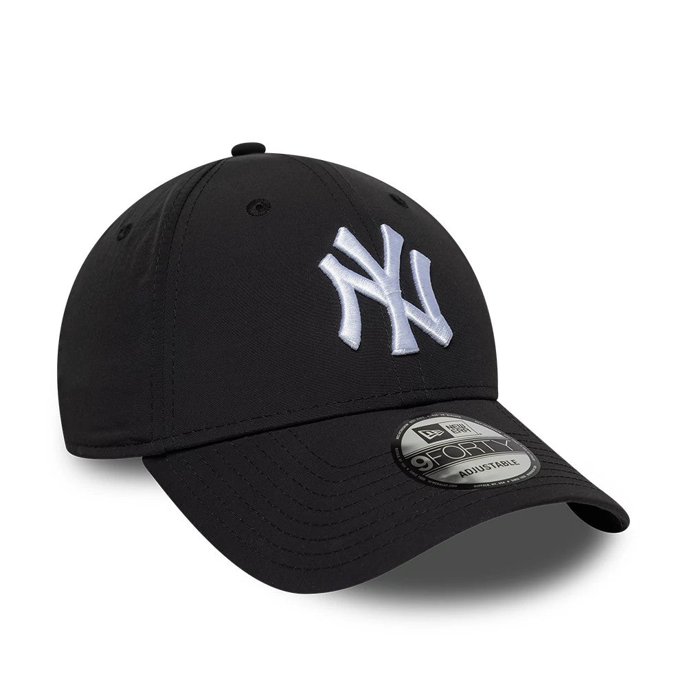 New York Yankees MLB Recycled Black New Era 9FORTY Adjustable Cap, front view showing the white raised embroidered NY logo on the structured black front panel, curved black visor with a 9FORTY size sticker, and embroidered eyelets.