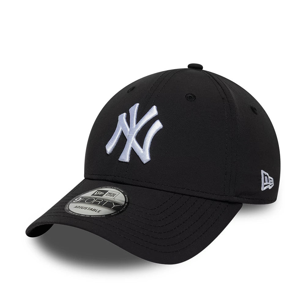 New York Yankees MLB Recycled Black New Era 9FORTY Adjustable Cap, three-quarter view showing a white raised embroidered NY logo on the front panel, black curved visor with a 9FORTY size sticker, and small New Era flag logo on the left side.