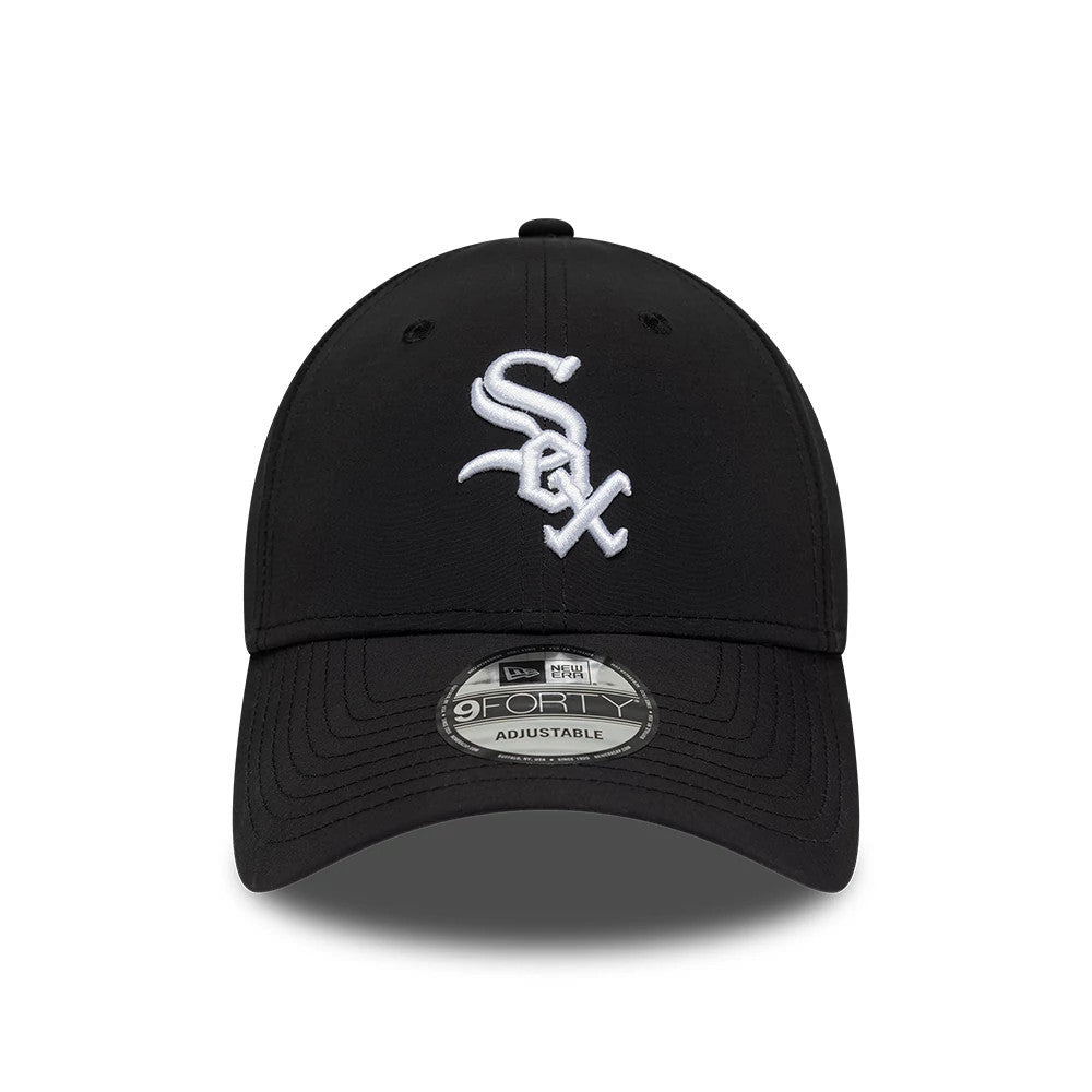 Chicago White Sox MLB Recycled Black New Era 9FORTY Adjustable Cap, front view showing the white embroidered Sox logo on the structured black crown, curved black visor with a 9FORTY size sticker, and black top button.