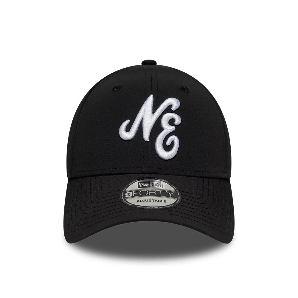 New Era Recycled Black 9FORTY Adjustable Cap, front view showing the white raised embroidered NE logo on the black structured crown, the black curved visor, and the 9FORTY size sticker located on the centre of the visor.