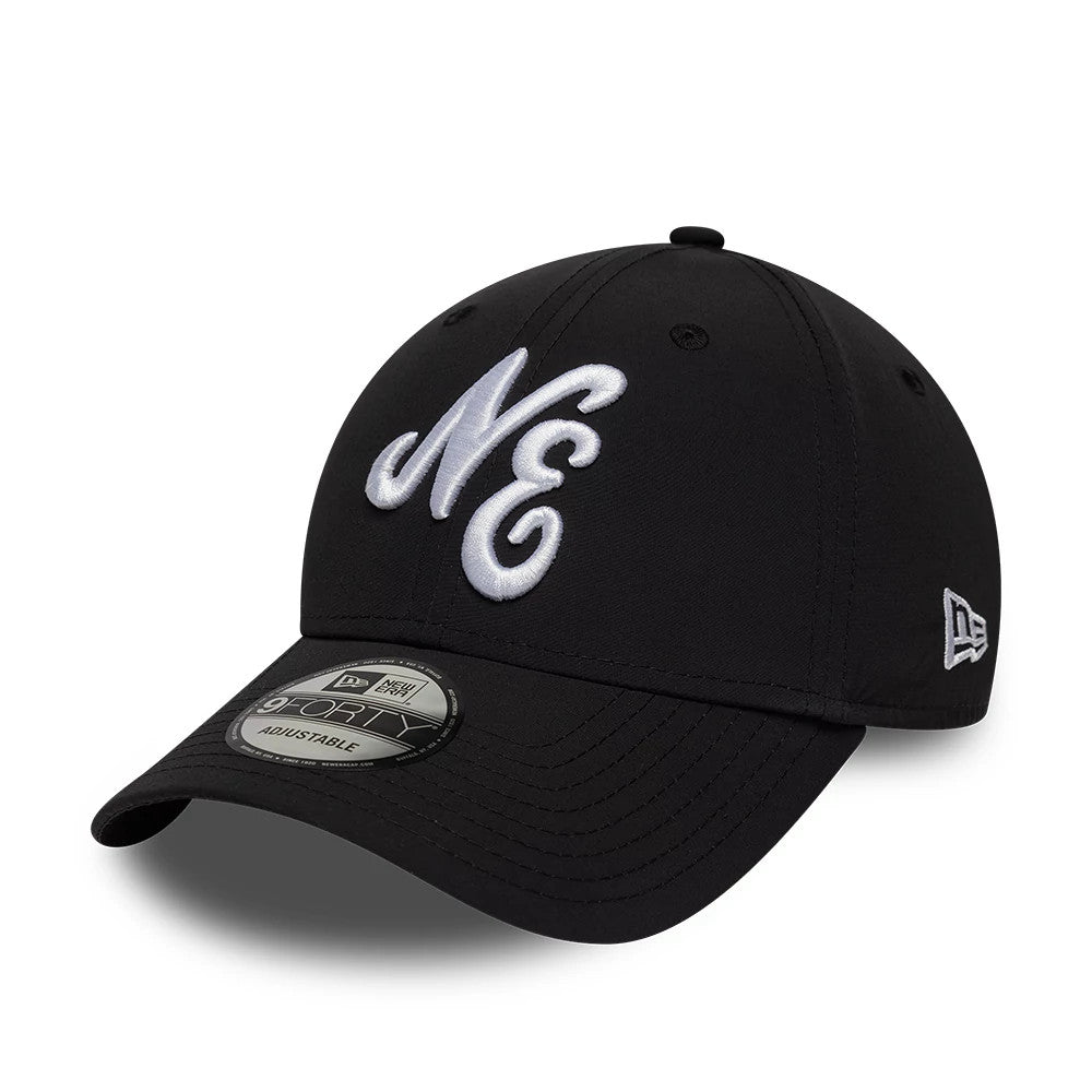 New Era Recycled Black 9FORTY Adjustable Cap, three-quarter view showing the white raised embroidered NE logo on the black front panel, curved black visor with a 9FORTY size sticker, and the white New Era flag logo on the left side.