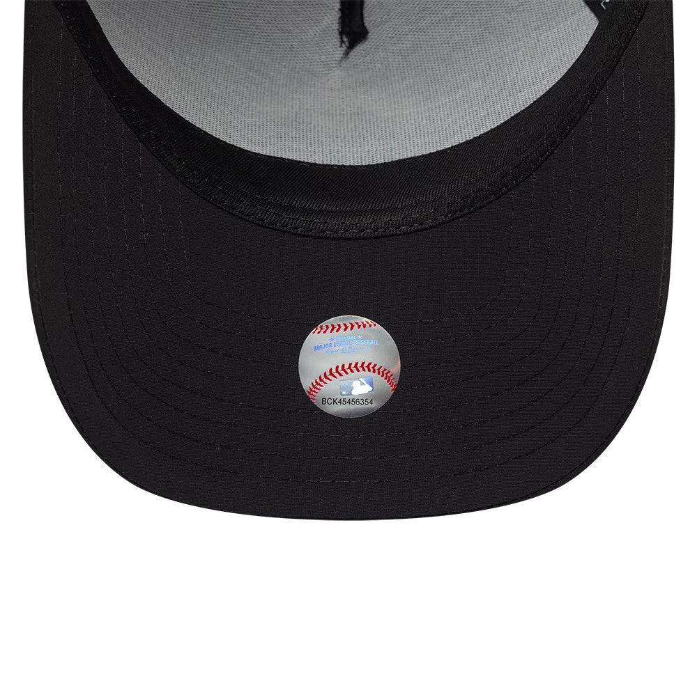 New York Yankees MLB Recycled Black On Black New Era 9FORTY E-Frame Adjustable Cap, inside view showing the grey undervisor, black inner seams, and an MLB baseball decal sticker on the underside of the black visor.