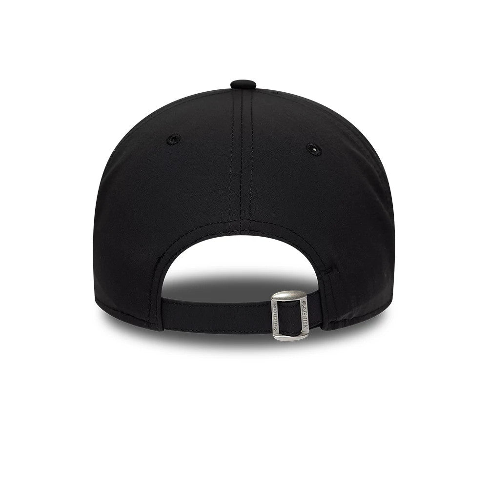 LA Dodgers MLB Recycled Black On Black New Era 9TWENTY Adjustable Cap, rear view showing a silver buckle on the adjustable strap for a customised fit, two black embroidered eyelets, and the curved crown design.