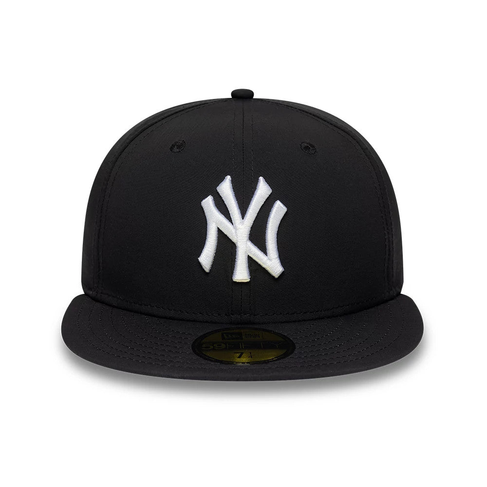 New York Yankees MLB Recycled Black New Era 59FIFTY Fitted Cap, front view showing the white embroidered NY logo on the structured black crown, complemented by a flat black visor and a gold 59FIFTY size sticker on the visor.