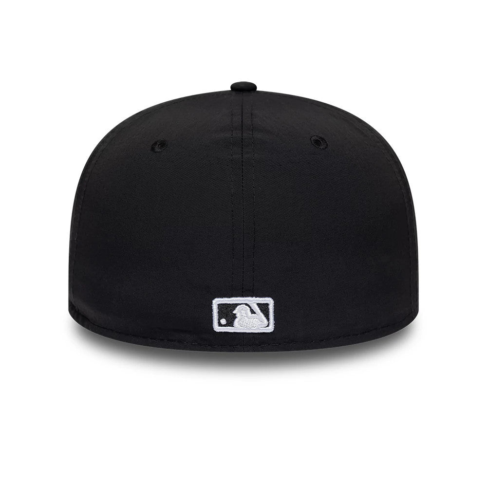 New York Yankees MLB Recycled Black New Era 59FIFTY Fitted Cap, rear view showing the white embroidered MLB Batterman logo at the centre of the back panel, with a black crown and matching top button.