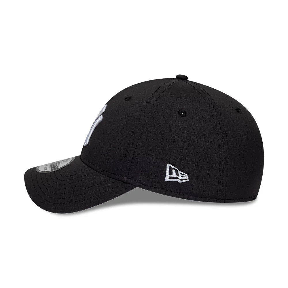 New York Yankees MLB Recycled Black New Era 39THIRTY Stretch Fit Cap, side view showing the embroidered New Era flag logo on the left panel, a slightly curved visor with a 39THIRTY size sticker, and a structured black crown.