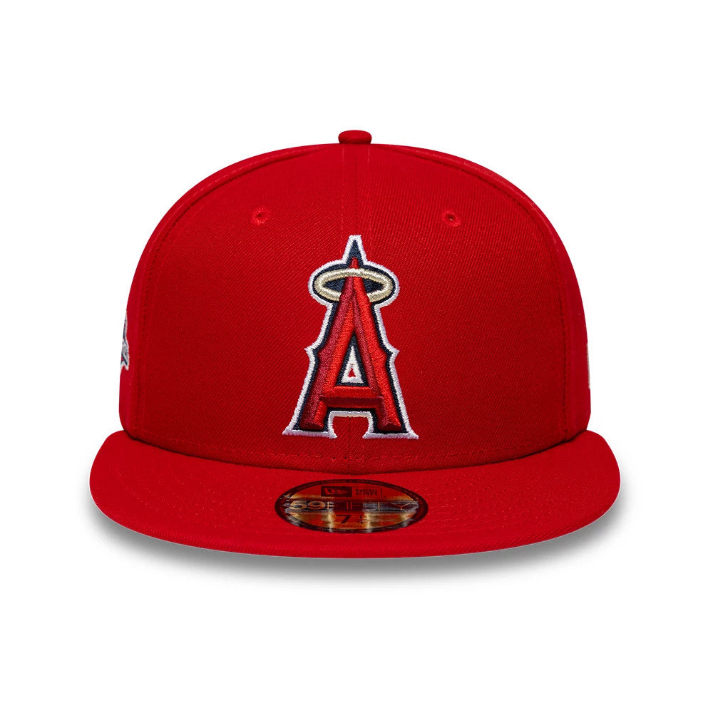 LA Angels MLB Sidepatch Satin Lined Red New Era 59FIFTY Fitted Cap, front view showing the raised embroidered white and red Angels logo with a halo on the structured red crown, and a gold 59FIFTY size sticker on the flat visor.