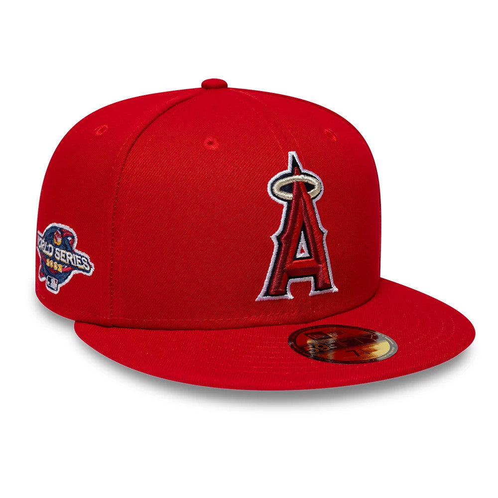 LA Angels MLB Sidepatch Satin Lined Red New Era 59FIFTY Fitted Cap, three-quarter view showing a red raised embroidered A logo with a halo on the front panels, dark red flat visor and a gold 59FIFTY size sticker on top.