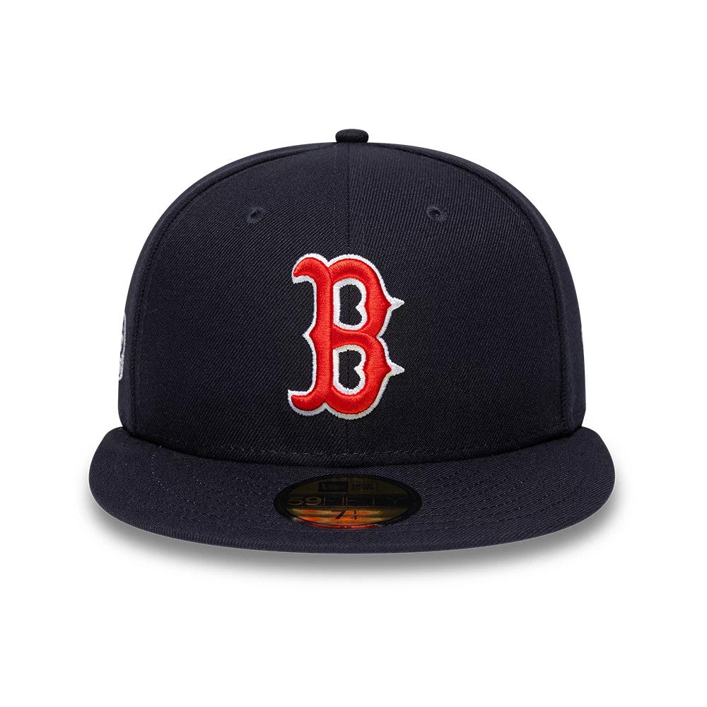 Boston Red Sox MLB Sidepatch Satin Lined Navy New Era 59FIFTY Fitted Cap, front view showing the embroidered red and white B logo on the structured navy front panel, with a flat visor and a gold 59FIFTY size sticker on the visor.