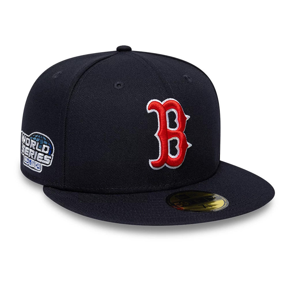 Boston Red Sox MLB Sidepatch Satin Lined Navy New Era 59FIFTY Fitted Cap, front view showing the red embroidered B logo on the structured navy crown, flat visor with a gold 59FIFTY size sticker, and World Series side patch embroidery.